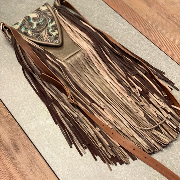 Metallic bronze and accents in turquoise and brown embossed crossbody purse - Picture 3 of 15